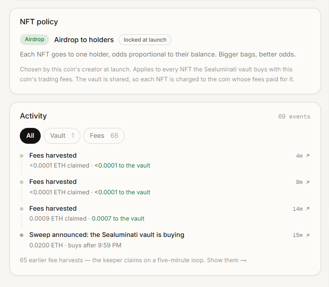 A screenshot of an 'NFT policy' page describing an 'Airdrop to holders' mechanism, along with an 'Activity' log showing 69 events including 'Fees harvested' and a 'Sweep announced' for the Sealuminati vault.