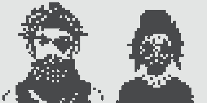 Two pixelated dark blue silhouettes of people against a white background, appearing as stylized portraits.