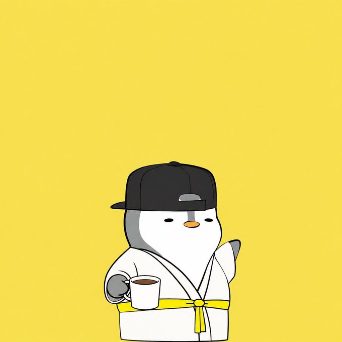 A cartoon penguin wearing a backward black cap and a white bathrobe with a yellow belt holds a cup while waving.