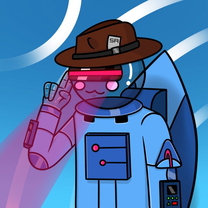 A cartoon illustration of a futuristic character wearing a brown fedora hat with 'SR' badge, glowing pink visor, and blue armor/suit with a rocket jetpack, saluting with a glowing pink hand.