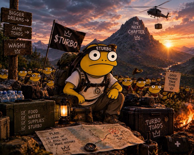 A digital illustration featuring a Pepe-style frog character labeled '$TURBO' sitting on luggage with a backpack, surrounded by an army of similar frogs in a mountain landscape with a helicopter and motivational signs like 'BIGGER DREAMS' and 'WAGMI'.