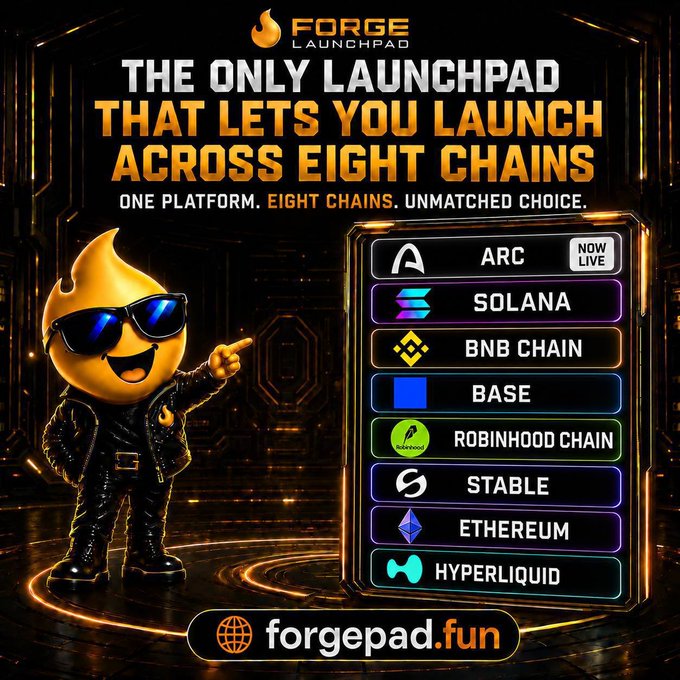 An advertisement for 'Forge Launchpad' at forgepad.fun, promoting it as a platform supporting eight blockchain chains including Arc, Solana, BNB Chain, Base, Robinhood Chain, Stable, Ethereum, and Hyperliquid.