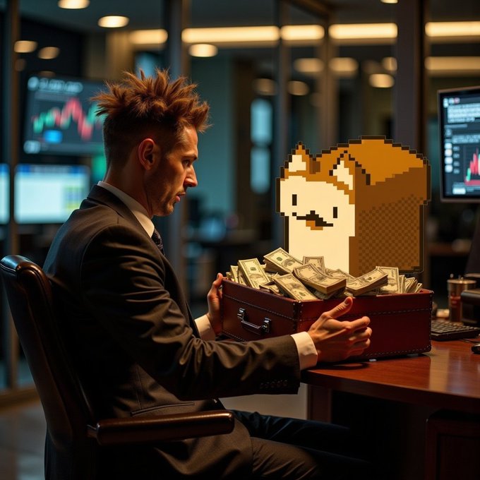 A man in a suit sits at a desk looking at a briefcase overflowing with cash, with a pixelated meme character (doge-style) superimposed in the background of a trading office setting.