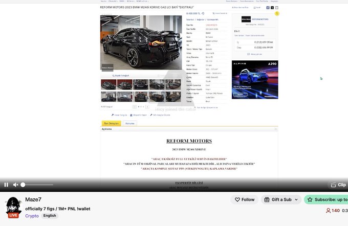 A stream by Maze7 showing a car listing on Reform Motors for a "REFORM MOTORS 2023 BMW M240X RESERVE G42 LC1 BAYS TEXESTRAFE" priced at $112,811.10, with the streamer commenting "silcyy called the f***ing top" — likely a bearish joke about the luxury car market or crypto prices peaking.