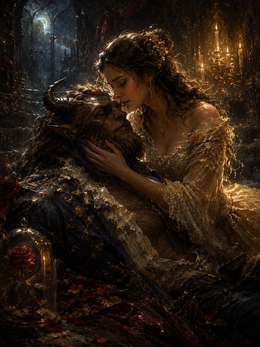 A dark, romantic painting depicting a woman in an elegant gown tenderly embracing a horned, beast-like figure in a candle-lit gothic setting.
