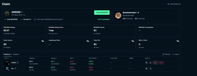 This dashboard screenshot from Bullpen.fi displays a user's portfolio performance for the token $ANSEM, showing a balance of $3.27 and a $3 volume. The image serves as proof of the user's activity and holdings, supporting the post's suggestion to "grab some of the token" to catch potential upside.