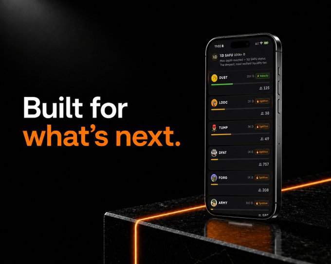 A smartphone displaying a cryptocurrency app with tokens like DUST, LDDC, TUMP, DFAT, FOGO, and ARMY alongside the slogan "Built for what's next."