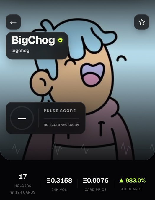 A screenshot of a digital card or profile for 'BigChog' showing a cartoon character, a 'Pulse Score' of 'no score yet today', and stats including '17 HOLDERS', 'Ξ0.3158 24H VOL', 'Ξ0.0076 CARD PRICE', and a '983.0% 4H CHANGE'.