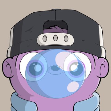 A cartoon character with a purple/pink face, large blue eyes, and a backwards black cap.
