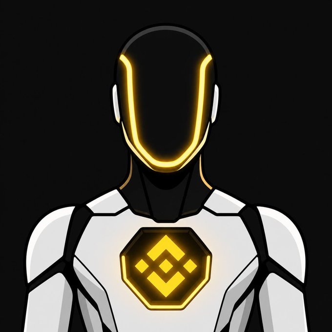 A sleek white and black futuristic humanoid robot with a glowing yellow visor displays a Binance (BNB) logo on its chest, symbolizing the rumored "Optimus" crypto token tied to Tesla on BNB Chain. The image visually ties the concept of a Tesla-branded humanoid robot offering BNB Chain rewards, as suggested by the post.