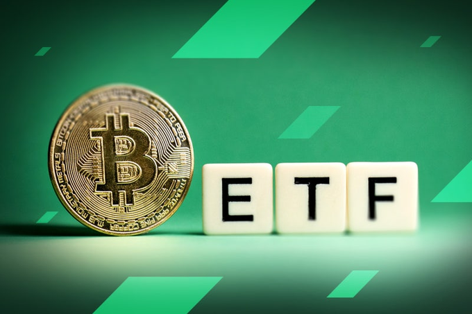 A gold Bitcoin token next to white blocks spelling 'ETF' against a green background.