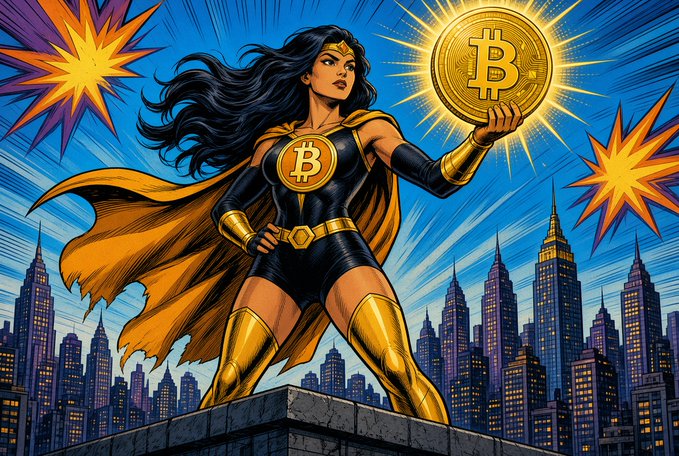A comic book-style illustration of a Wonder Woman-like superhero with a Bitcoin 'B' emblem on her chest, holding a golden Bitcoin coin against a city skyline.