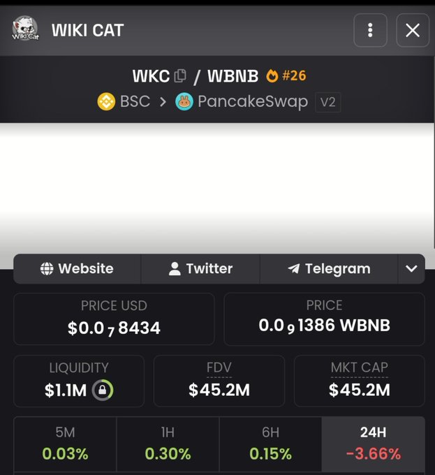 A mobile screenshot from a crypto tracking app showing the Wiki Cat (WKC) token paired with WBNB on PancakeSwap V2, displaying a price of $0.078434, $1.1M liquidity, and a $45.2M market cap with a -3.66% drop over 24 hours, which serves as visual confirmation of the $WKC token details and contract address shared in the post.