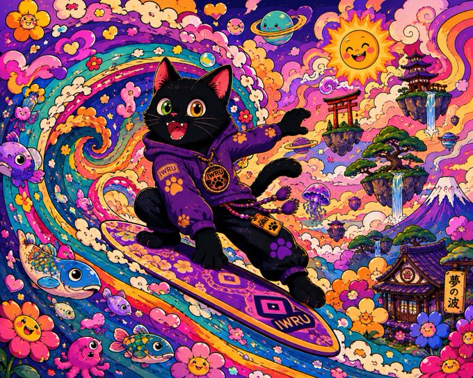 A vibrant, colorful illustration of a black cat wearing a purple 'IWRU' hoodie, riding a surfboard through a psychedelic background filled with smiling suns, planets, flowers, and Japanese-style architecture.