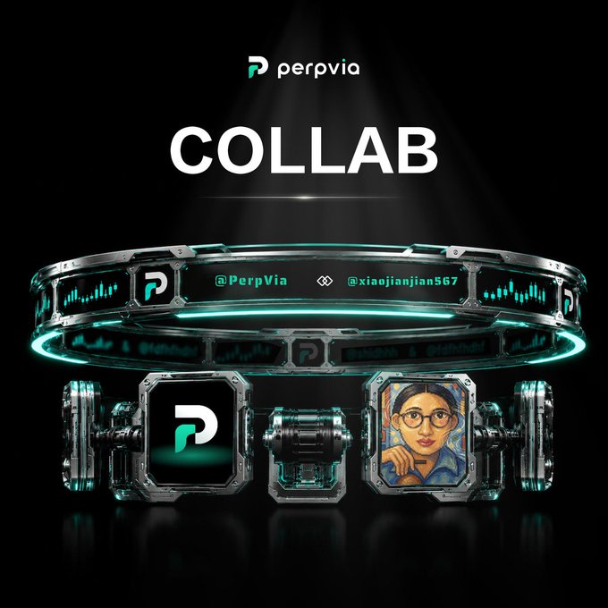 A promotional graphic for PerpVia announces a "COLLAB" giveaway between @PerpVia and @xiaojiangian567, featuring a futuristic metallic ring and mechanical NFT holders displaying the PerpVia logo and an avatar portrait. The futuristic design visualizes the Genesis Pass NFT mint lottery mentioned in the post, with the "999 NFTs" limitation and exclusive on-chain founder identity holder benefits tying into the high-value free giveaway theme.