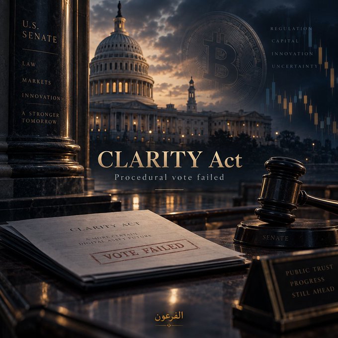 The image depicts the U.S. Capitol at dusk behind a marble column inscribed with "U.S. SENATE," accompanied by a Bitcoin symbol and a descending market chart labeled with terms like "REGULATION," "CAPITAL," and "UNCERTAINTY." In the foreground, a stamped "VOTE FAILED" document titled "CLARITY Act" rests beside a Senate gavel and a placard reading "PUBLIC TRUST PROGRESS STILL AHEAD," visually reinforcing the post's message that the bill was halted by a 49-50 procedural vote—not outrightly rejected—and that momentum for digital asset regulation continues.