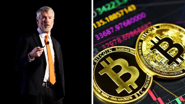 A man in a dark suit with an orange tie (Michael Saylor) gestures while speaking on stage, shown alongside an image of two gold Bitcoin coins resting on a chart displaying market data with numbers like "135.18057148" and "33687.97680" in pink text. The image visually represents Saylor's bold claim about his Bitcoin holdings versus Satoshi's, tying into Strategy's massive 842,138 BTC corporate treasury.