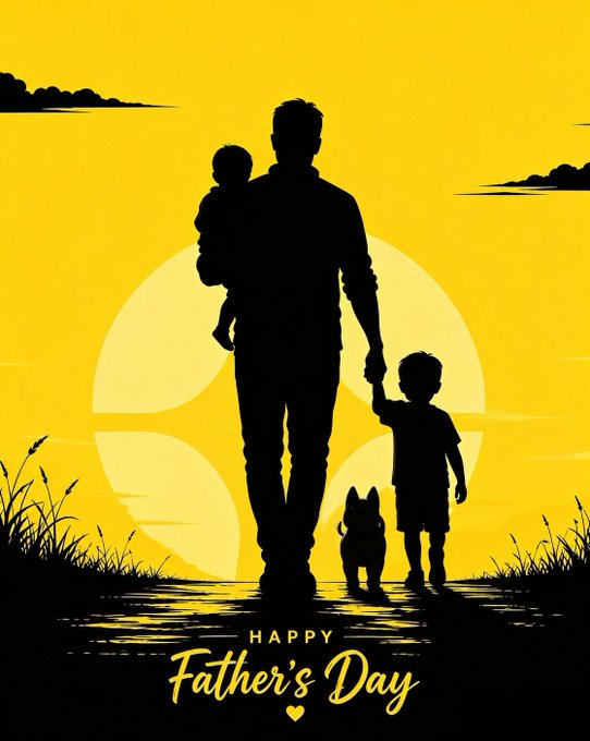 The image features a father holding his two children while walking along a path, with a dog nearby. The background of the image shows a yellow circle with a black dot inside, which appears to be the sun setting behind them. The caption below the image reads "Happy Father's Day! Set aside some #ASTER cryptocurrency for your kids—they'll thank you for it someday."