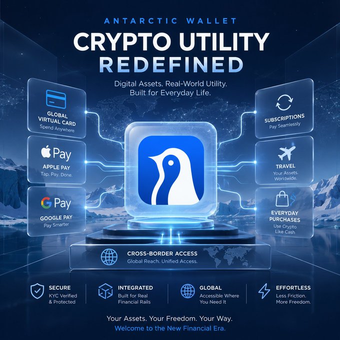 A promotional graphic for 'Antarctic Wallet' advertising 'Crypto Utility Redefined' with features including Apple Pay, Google Pay, Global Virtual Card, and Travel services.
