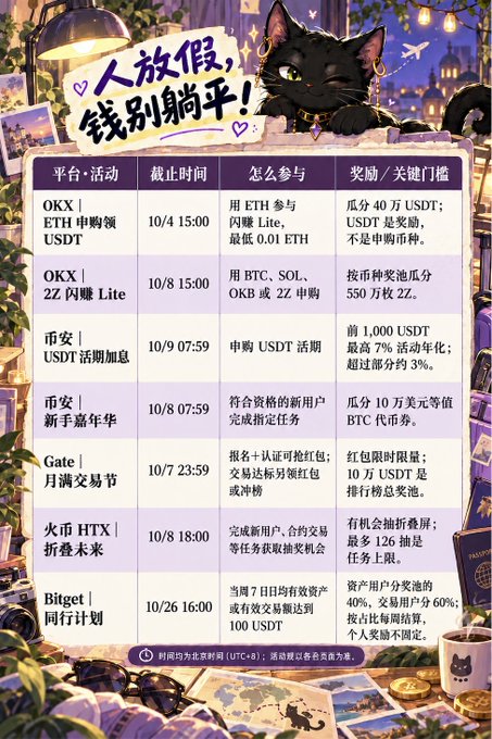 A Chinese-language infographic titled '人放假, 钱别躺平!' (People rest, don't let money rest!) featuring a black cat and a table listing various cryptocurrency platform promotions, including OKX, Binance, Gate, HTX, and Bitget, along with deadlines and rewards.