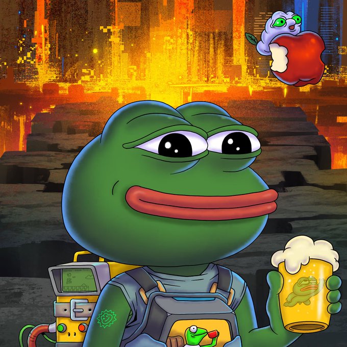 A cartoon illustration of Pepe the Frog character holding a beer mug with a small creature on top of his head, set against a fiery orange dystopian cityscape background.