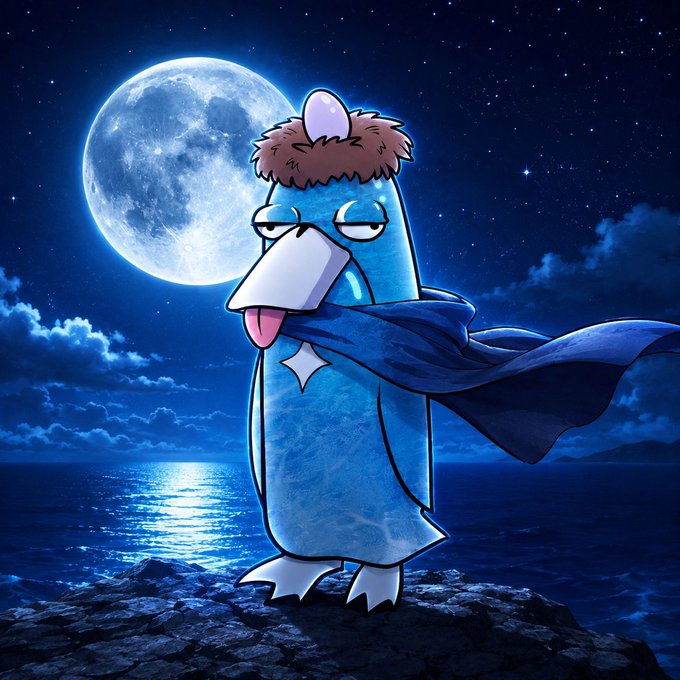 An illustration of a blue penguin wearing a furry hat and blue cape, standing on a rock under a large full moon with a starry night sky in the background.