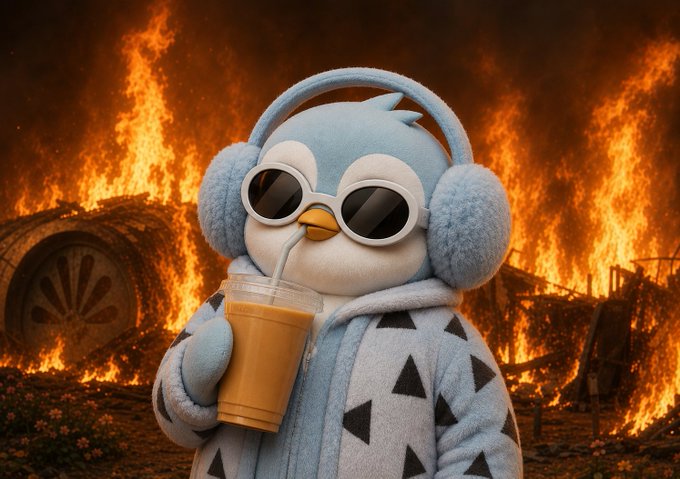 A plush penguin character wearing sunglasses, headphones, and a patterned hoodie, holding an iced coffee with a straw while standing in front of a dramatic fiery background.