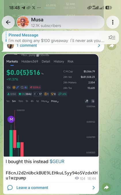 The image shows a Telegram post from a channel called "Musa" with 12.1K subscribers, displaying a crypto trading chart for ticker "F8cn...pump" that jumped +91.37% to $0.0005166 with a market cap of $5,066.79, along with the caption "I bought this instead $GEUR" and a Solana contract address. The post promotes a $GEUR pump-and-dump scheme by showing a small-cap Solana token's brief price surge, leveraging the implied success of the previous $GEUR call to attract followers into the new trade.