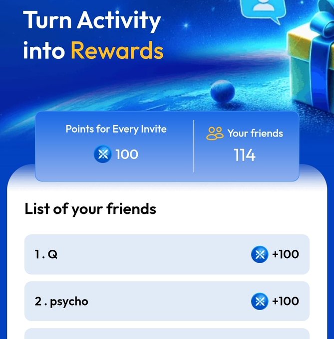 A mobile app screen titled 'Turn Activity into Rewards' displays 'Points for Every Invite: 100' and 'Your friends: 114', with a list showing entries for 'Q' and 'psycho' each earning +100 points.