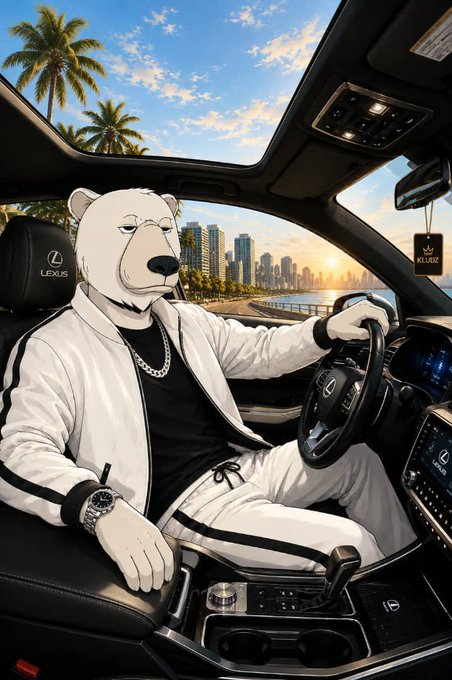 An AI-generated illustration of a polar bear mascot dressed in white clothing and wearing a chain, driving a Lexus car with a city skyline and palm trees in the background.