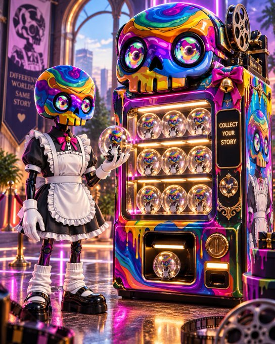 A vibrant, colorful digital artwork featuring a skeleton character in a maid outfit next to a rainbow skull-themed vending machine labeled "COLLECT YOUR STORY."