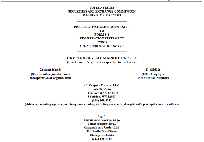 The image shows the cover page of a Pre-Effective Amendment No. 1 to Form S-1 Registration Statement filed with the SEC by **Cryptex Digital Market Cap ETF**, with its principal offices located c/o Cryptx Finance, LLC in Sheridan, WY. The filing relates to the $BAGZ crypto index fund, highlighting the protocol's reliance on Chainlink oracles for asset eligibility—where tokens must have active Chainlink price feeds to be included in the index, and discontinuation of those feeds results in removal.