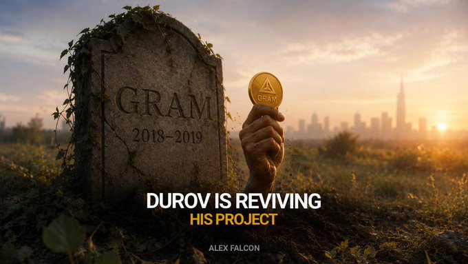 The image shows a stone monument with a coin placed over it at dawn. The text on the image reads "Durov Is Reviving Gram" along with an explanation of its project, which involves the use of cryptocurrency called "Toncoin". It is mentioned that Toncoin jumped 19.5% in one day, indicating its success and rapid growth. Additionally, there is a description of the monument at sunrise or dawn, giving context to the image's content and tying it back to the post.