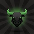 A green bull logo with glowing horns on a black background with radiating lines.