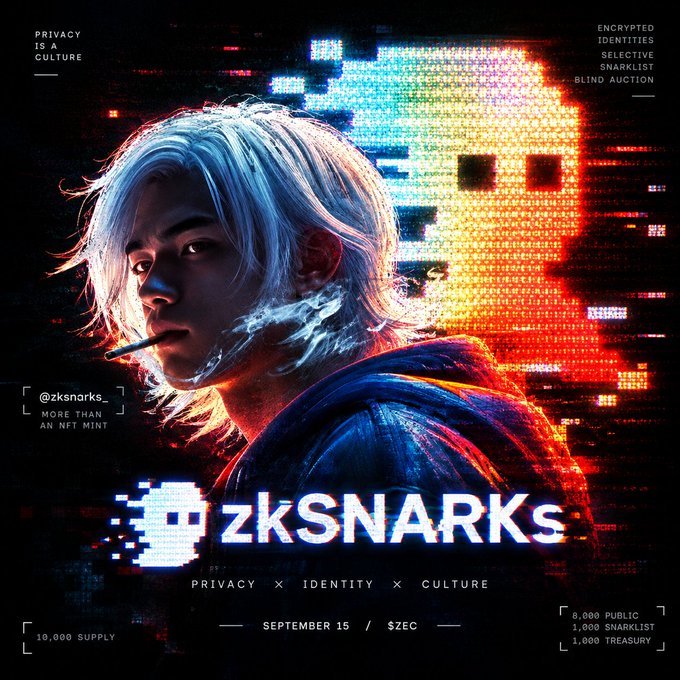 A cyberpunk-style NFT promotional poster for 'zkSNARKs' featuring a silver-haired character with a cigarette against a pixelated skull background, promoting 'PRIVACY × IDENTITY × CULTURE' with details like '10,000 SUPPLY' and 'SEPTEMBER 15 / $ZEC'.