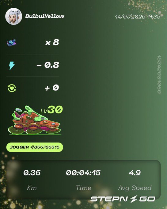A STEPN Go app interface displays a Level 30 Jogger sneaker NFT with stats showing 0.36 km covered in 00:04:15 at an average speed of 4.9, for user BulbulYellow.
