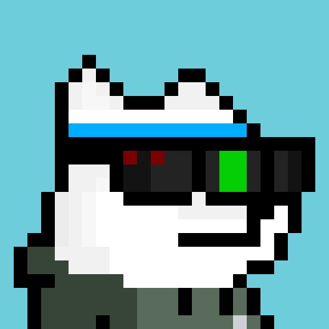 Pixel art character with a white head, black-outfitted face featuring red and green eyes, and a light blue horizontal stripe, set against a cyan background.