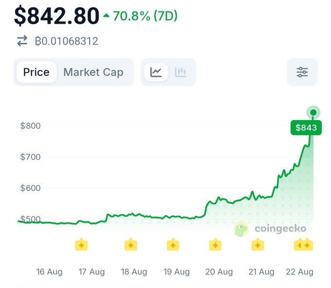 A CoinGecko price chart showing a cryptocurrency up 70.8% (7D) to $842.80, with the price sharply rising from around $500 to over $800 between August 16 and August 22.