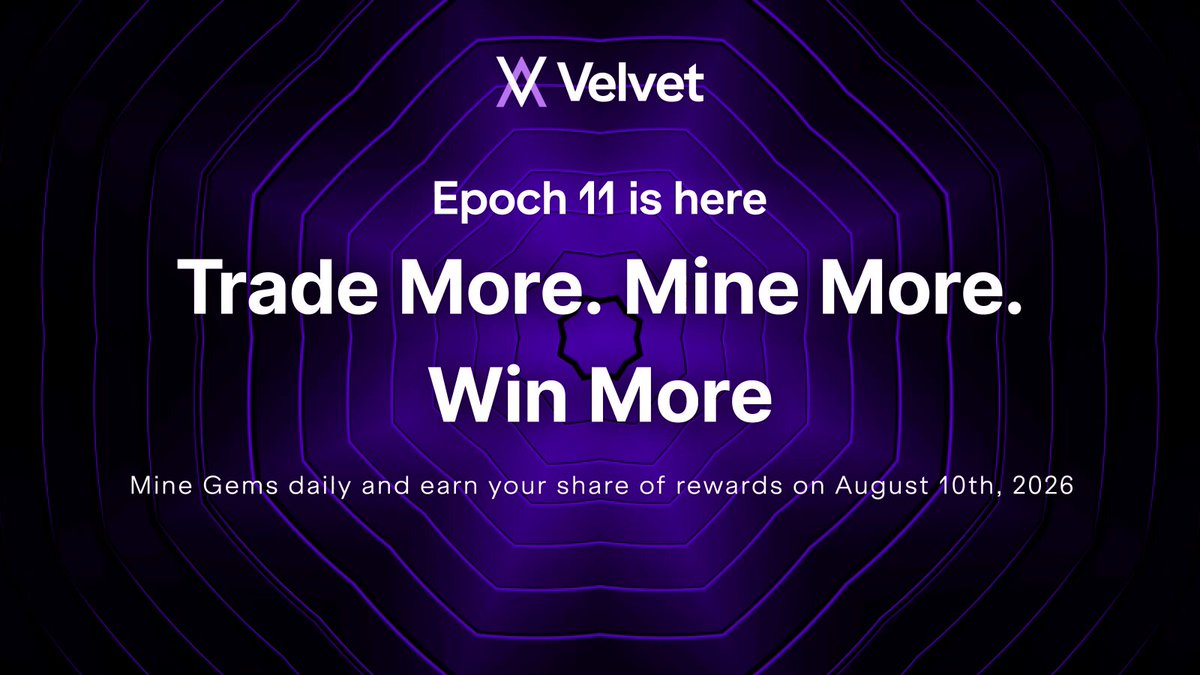 The image features a purple background with white text that reads "Epoch 11 turned Velvet into a 90 day trading war for the biggest velvet airdrop of 90 days, with perps now earning 2x Gems over spot. Not a season anymore, it's a leaderboard economy." The post is about a 90-day trading war between velvet and Epoch 11, where velvet has taken over as the dominant player in the market. It seems that the trading war has been going on for almost three months, with perps now earning 2x Gems over spot. The image also includes a link to a website called "mine.com" which might be related to the trading war or could provide more information about the trading war itself.