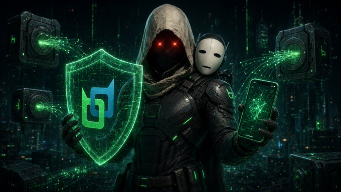 A dramatic digital artwork featuring a hooded figure with glowing red eyes in futuristic black armor, holding a glowing green Beldex shield and a smartphone displaying a digital interface, set against a cyberpunk cityscape.