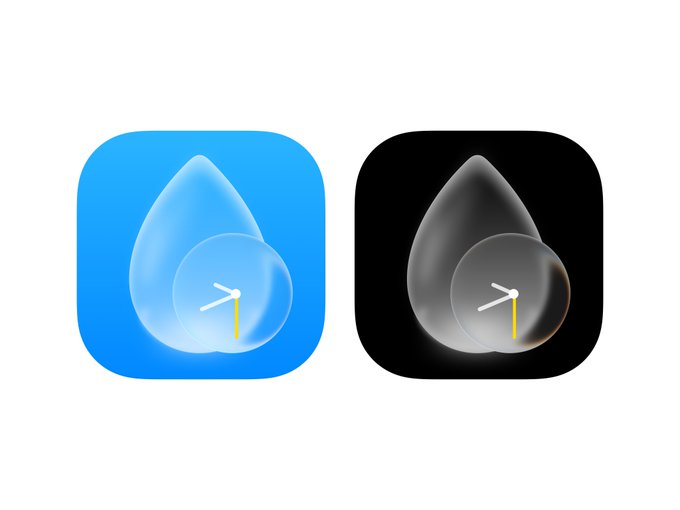 Two app icons featuring a teardrop shape with a clock face inside, one on a blue background and the other on a black background.