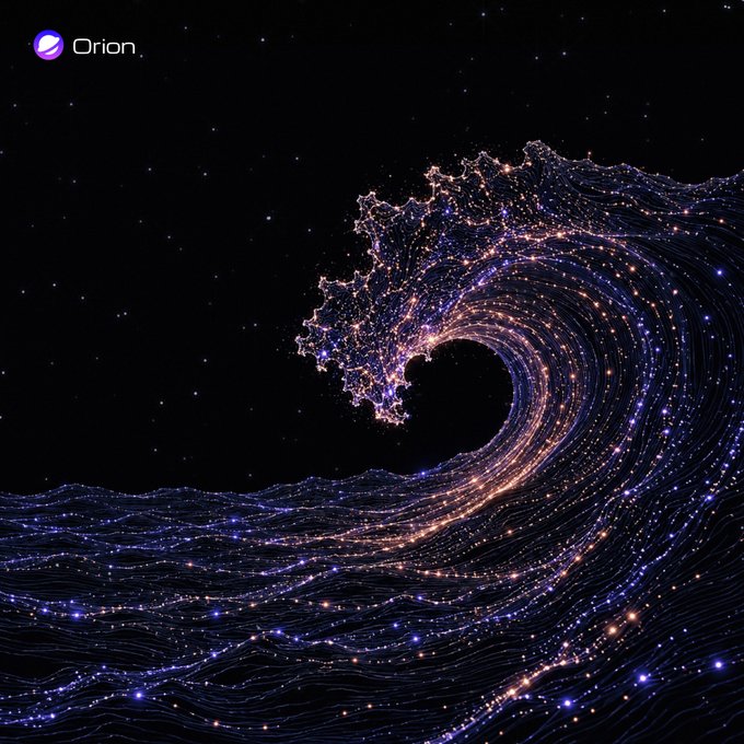 A cosmic wave of golden and violet stardust curls dramatically across a starry void, embodying the rising "Orion" wave referenced in the post. The "Orion" logo with its crescent emblem appears in the top-left corner, visually reinforcing the brand's celestial and navigational theme on BNBCHAIN.