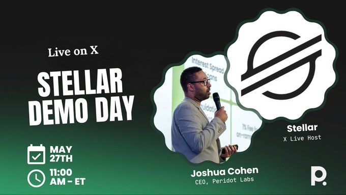 The image features a man standing behind a microphone, giving a speech or presentation at an event called "Live on X" with the date of May 27th. The speaker's name is displayed below him, along with his title and company. The text in the image also mentions that this event is related to the "Stellar Demo Day", which is a gathering for companies showcasing their projects or products at a Stellar event.