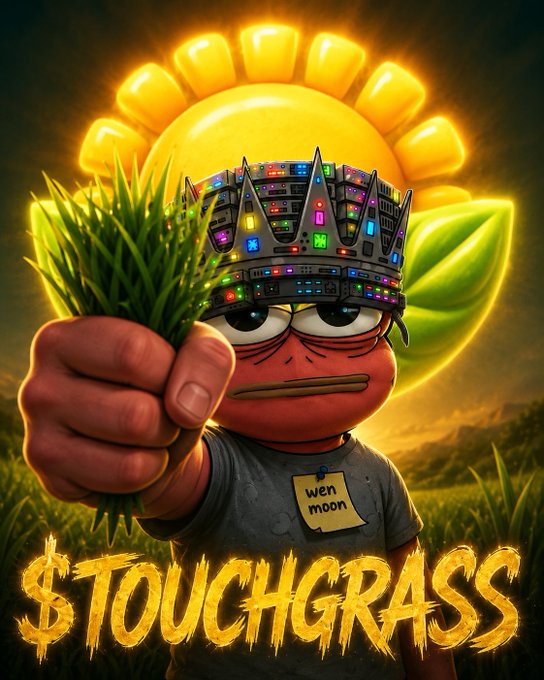 A red cartoon character wearing a circuit board crown holds out a clump of grass toward the viewer, with a glowing sunflower behind and the text '$TOUCHGRASS' in stylized yellow lettering at the bottom.