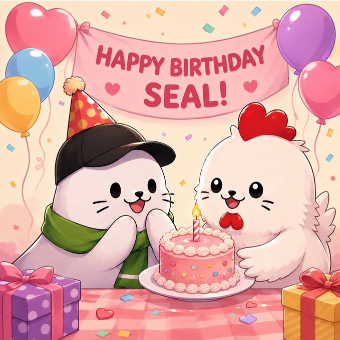 A cute cartoon illustration features a seal wearing a black cap and green scarf next to a chick with a red comb, sharing a pink birthday cake. A banner reads "HAPPY BIRTHDAY SEAL!"
