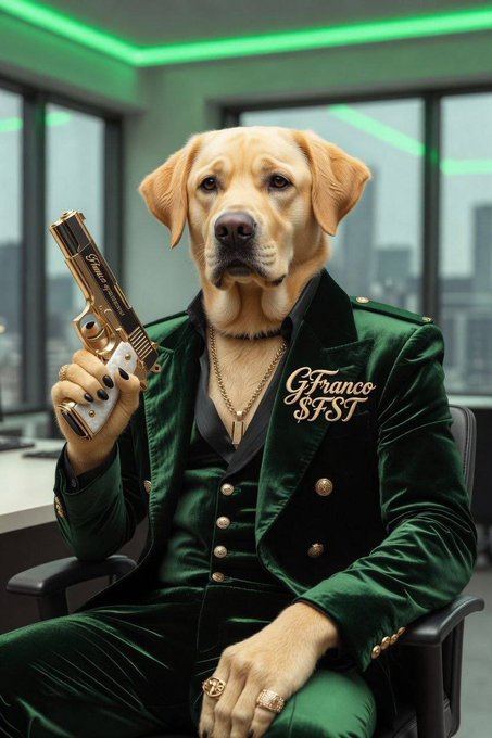 A surreal AI-generated portrait of a Labrador dog dressed in a luxurious green velvet suit, holding a gold-plated pistol, wearing gold jewelry, with 'iFranco SST' embroidered on the jacket.