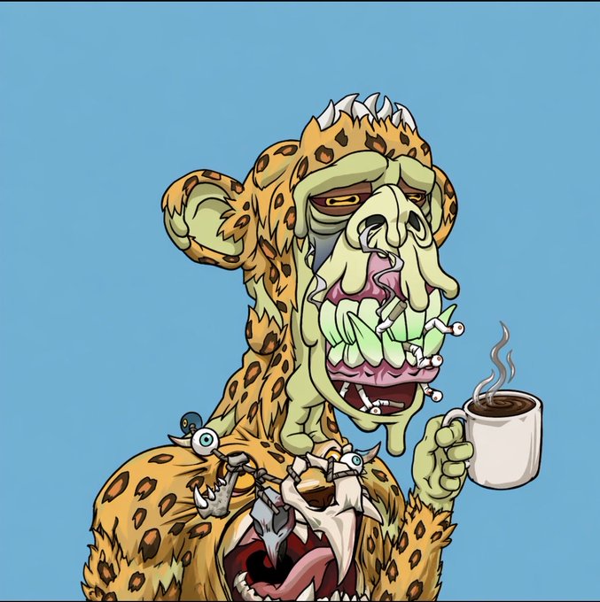 A grotesque, leopard-print cartoon figure with a melting green face, wild eyes, and dangling eyeballs on its shoulders sips steaming coffee, perfectly capturing the bleary-eyed "GM" (good morning) vibe of an NFT degen questioning whether the scene is still alive.