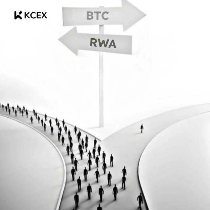 A black-and-white illustration of a crowd of people walking toward a fork in the road with signs pointing to 'BTC' and 'RWA', featuring a 'KCEX' logo in the corner.