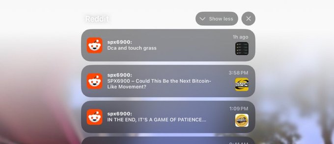 A Reddit notification widget on a Vision OS device displays multiple posts from user "spx6900," including "Dca and touch grass," "SPX6900 - Could This Be the Next Bitcoin-Like Movement?" and "IN THE END, IT'S A GAME OF PATIENCE..." The posts support the accompanying message emphasizing patience and a "DCA" (Dollar-Cost Averaging) strategy for the $SPX6900 memecoin, combining financial discipline advice with internet slang encouraging users to step away from their screens.