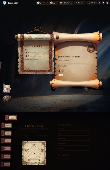 A screenshot of a game interface called 'TermMax' displaying a quest scroll and team information, with a 'FRONTIER' section below showing ability scores including Leading, Math, Recovering, Engagement, and Optimism.